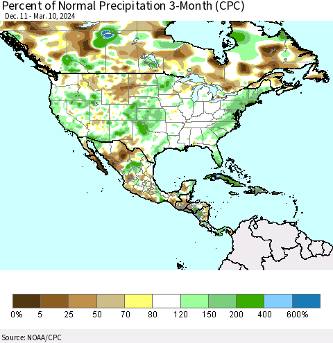 North America Percent of Normal Precipitation 3-Month (CPC) Thematic Map For 12/11/2023 - 3/10/2024