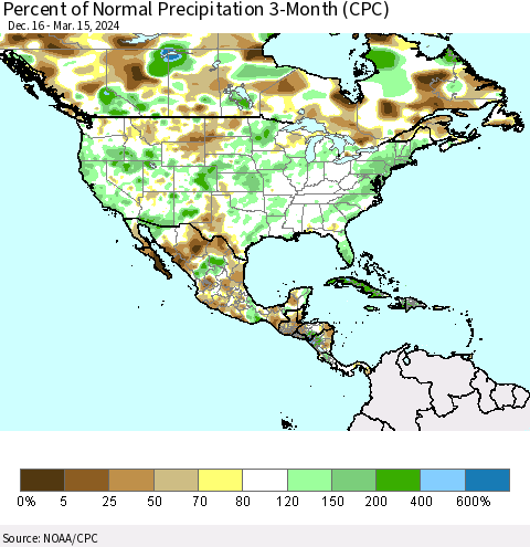 North America Percent of Normal Precipitation 3-Month (CPC) Thematic Map For 12/16/2023 - 3/15/2024