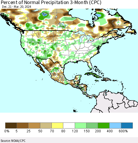 North America Percent of Normal Precipitation 3-Month (CPC) Thematic Map For 12/21/2023 - 3/20/2024