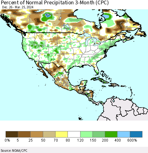 North America Percent of Normal Precipitation 3-Month (CPC) Thematic Map For 12/26/2023 - 3/25/2024