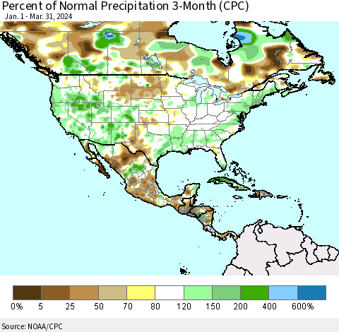 North America Percent of Normal Precipitation 3-Month (CPC) Thematic Map For 1/1/2024 - 3/31/2024