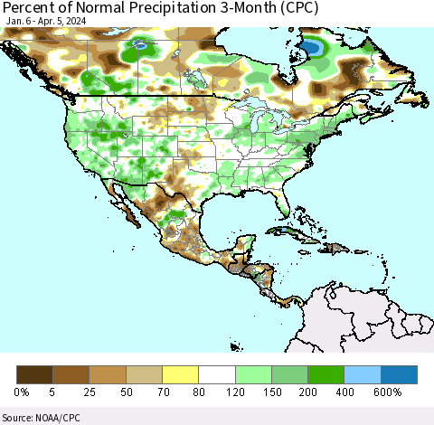 North America Percent of Normal Precipitation 3-Month (CPC) Thematic Map For 1/6/2024 - 4/5/2024