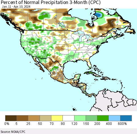 North America Percent of Normal Precipitation 3-Month (CPC) Thematic Map For 1/11/2024 - 4/10/2024
