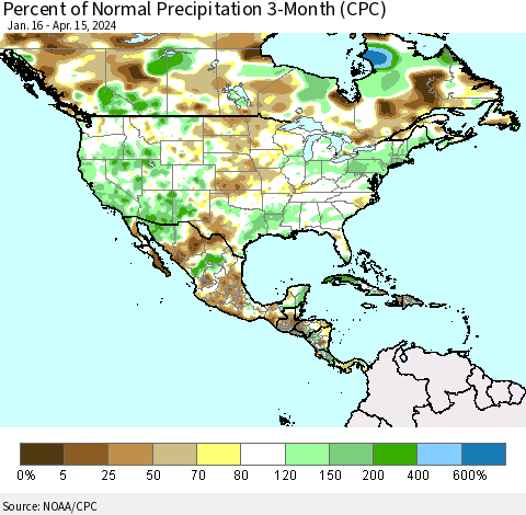 North America Percent of Normal Precipitation 3-Month (CPC) Thematic Map For 1/16/2024 - 4/15/2024