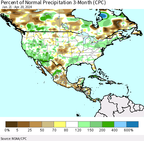 North America Percent of Normal Precipitation 3-Month (CPC) Thematic Map For 1/21/2024 - 4/20/2024