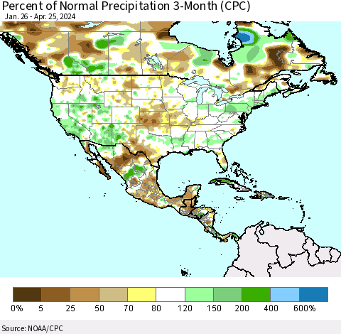 North America Percent of Normal Precipitation 3-Month (CPC) Thematic Map For 1/26/2024 - 4/25/2024