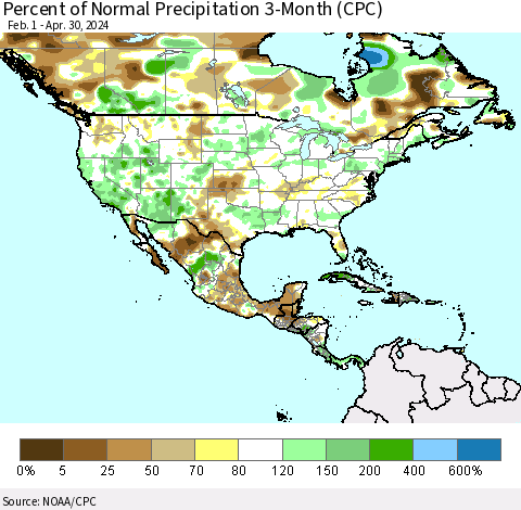 North America Percent of Normal Precipitation 3-Month (CPC) Thematic Map For 2/1/2024 - 4/30/2024