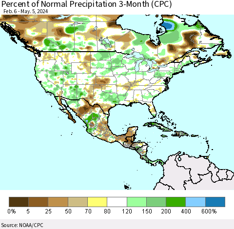 North America Percent of Normal Precipitation 3-Month (CPC) Thematic Map For 2/6/2024 - 5/5/2024