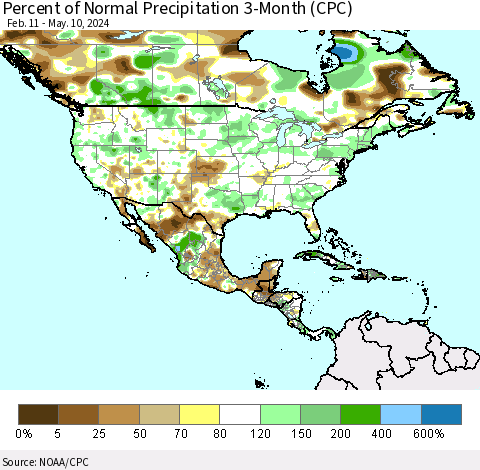 North America Percent of Normal Precipitation 3-Month (CPC) Thematic Map For 2/11/2024 - 5/10/2024