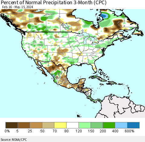 North America Percent of Normal Precipitation 3-Month (CPC) Thematic Map For 2/16/2024 - 5/15/2024