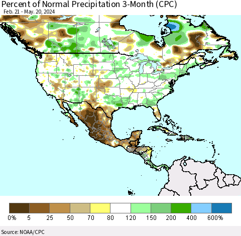 North America Percent of Normal Precipitation 3-Month (CPC) Thematic Map For 2/21/2024 - 5/20/2024