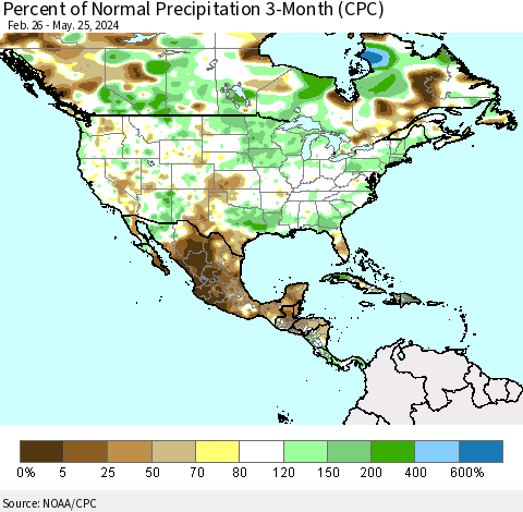 North America Percent of Normal Precipitation 3-Month (CPC) Thematic Map For 2/26/2024 - 5/25/2024
