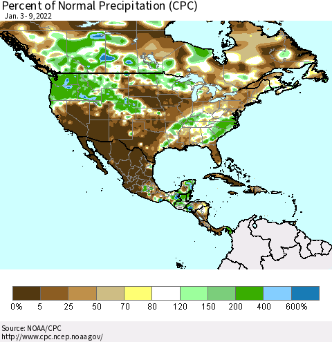 North America Percent of Normal Precipitation (CPC) Thematic Map For 1/3/2022 - 1/9/2022