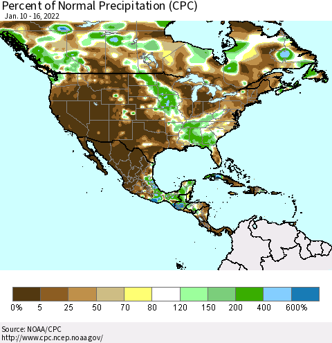 North America Percent of Normal Precipitation (CPC) Thematic Map For 1/10/2022 - 1/16/2022