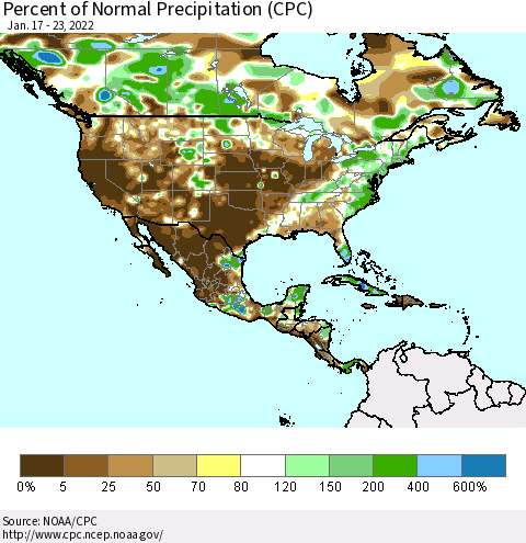 North America Percent of Normal Precipitation (CPC) Thematic Map For 1/17/2022 - 1/23/2022