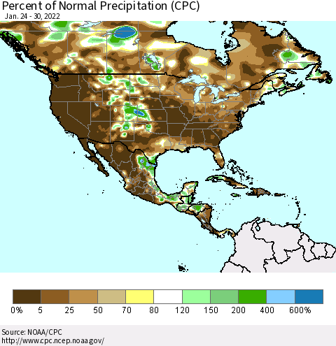 North America Percent of Normal Precipitation (CPC) Thematic Map For 1/24/2022 - 1/30/2022