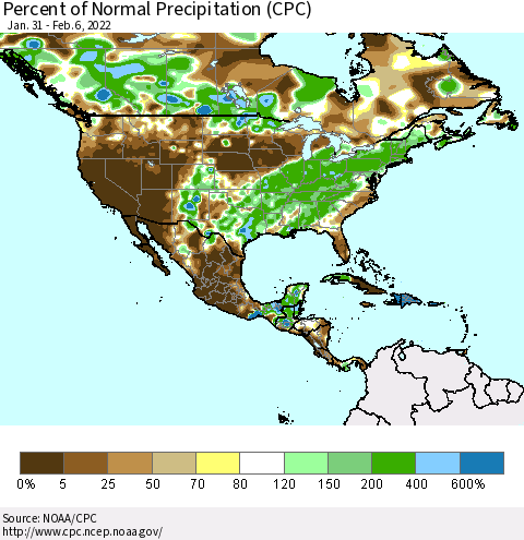 North America Percent of Normal Precipitation (CPC) Thematic Map For 1/31/2022 - 2/6/2022