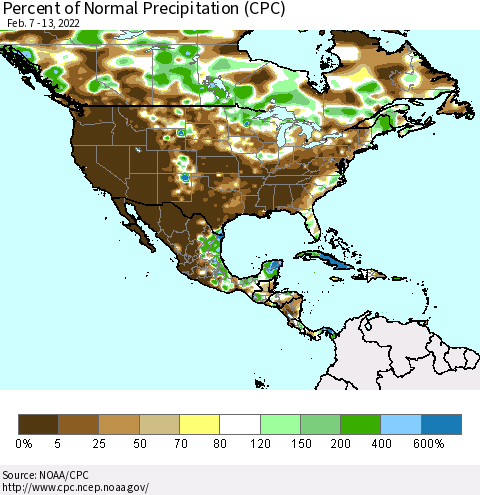 North America Percent of Normal Precipitation (CPC) Thematic Map For 2/7/2022 - 2/13/2022