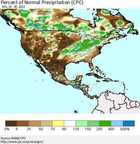 North America Percent of Normal Precipitation (CPC) Thematic Map For 2/14/2022 - 2/20/2022