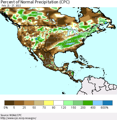 North America Percent of Normal Precipitation (CPC) Thematic Map For 2/21/2022 - 2/27/2022
