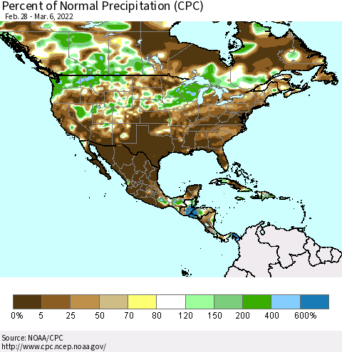 North America Percent of Normal Precipitation (CPC) Thematic Map For 2/28/2022 - 3/6/2022