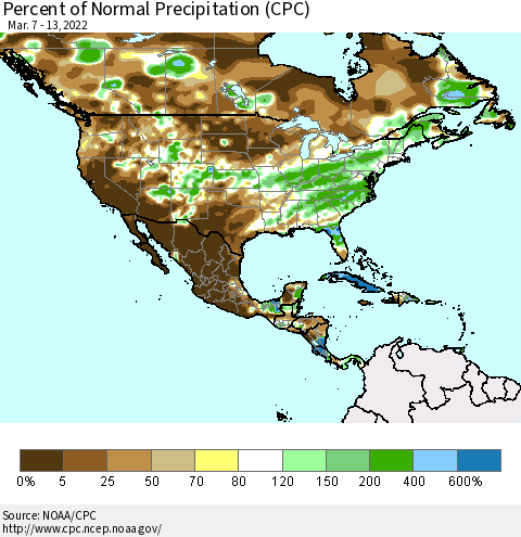 North America Percent of Normal Precipitation (CPC) Thematic Map For 3/7/2022 - 3/13/2022
