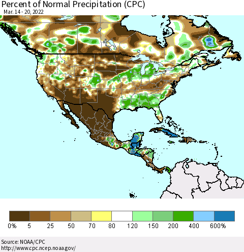 North America Percent of Normal Precipitation (CPC) Thematic Map For 3/14/2022 - 3/20/2022