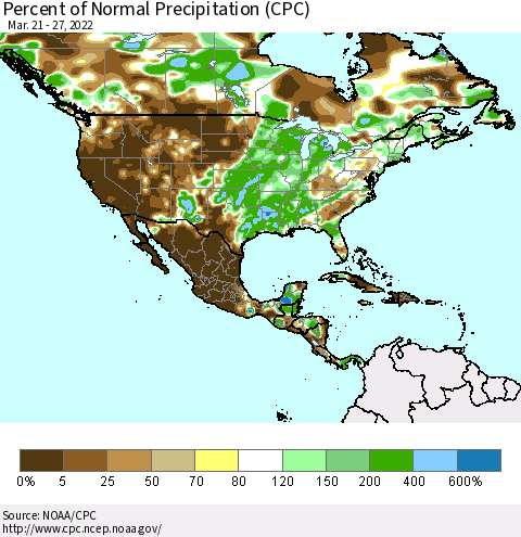 North America Percent of Normal Precipitation (CPC) Thematic Map For 3/21/2022 - 3/27/2022