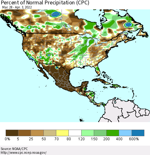 North America Percent of Normal Precipitation (CPC) Thematic Map For 3/28/2022 - 4/3/2022