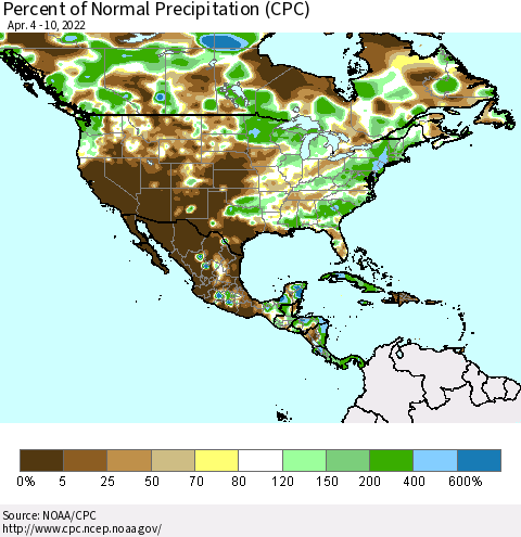 North America Percent of Normal Precipitation (CPC) Thematic Map For 4/4/2022 - 4/10/2022