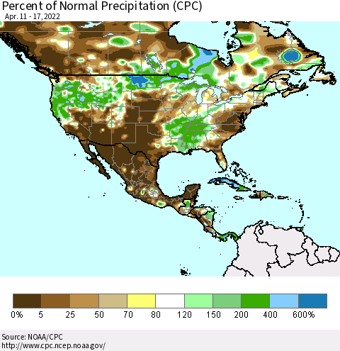 North America Percent of Normal Precipitation (CPC) Thematic Map For 4/11/2022 - 4/17/2022