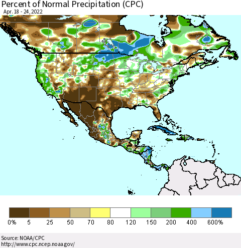North America Percent of Normal Precipitation (CPC) Thematic Map For 4/18/2022 - 4/24/2022