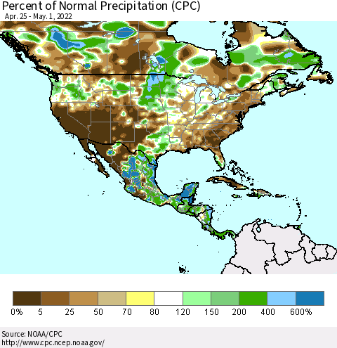 North America Percent of Normal Precipitation (CPC) Thematic Map For 4/25/2022 - 5/1/2022