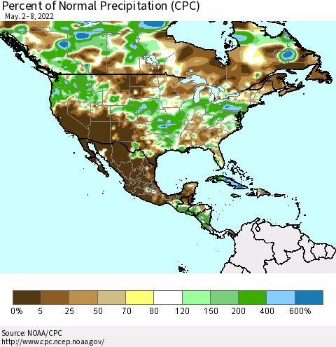 North America Percent of Normal Precipitation (CPC) Thematic Map For 5/2/2022 - 5/8/2022