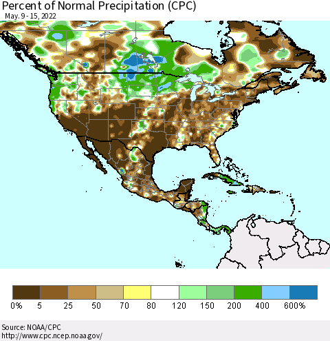 North America Percent of Normal Precipitation (CPC) Thematic Map For 5/9/2022 - 5/15/2022