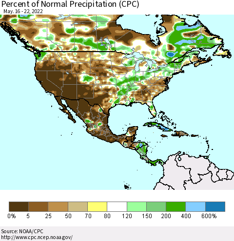 North America Percent of Normal Precipitation (CPC) Thematic Map For 5/16/2022 - 5/22/2022