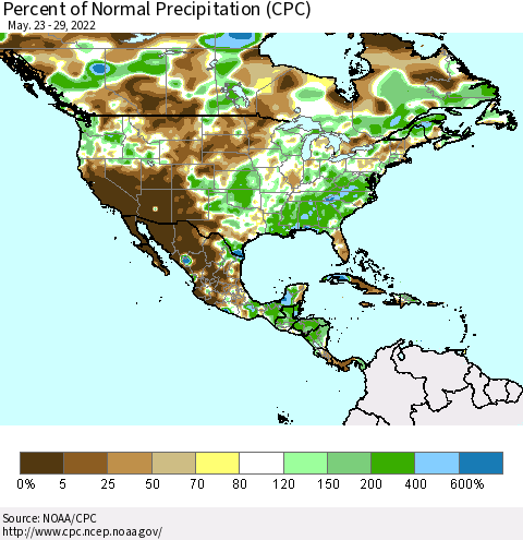 North America Percent of Normal Precipitation (CPC) Thematic Map For 5/23/2022 - 5/29/2022