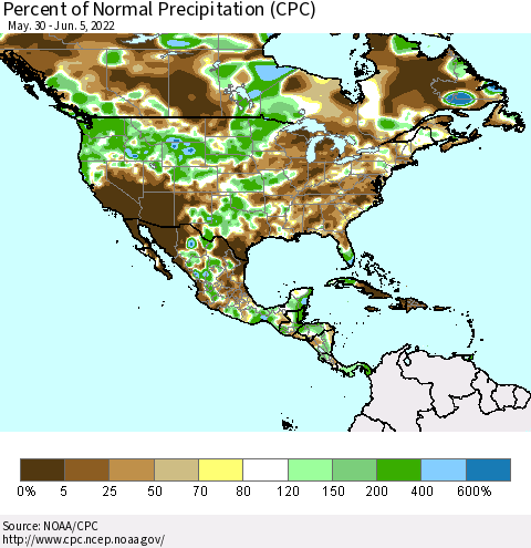 North America Percent of Normal Precipitation (CPC) Thematic Map For 5/30/2022 - 6/5/2022
