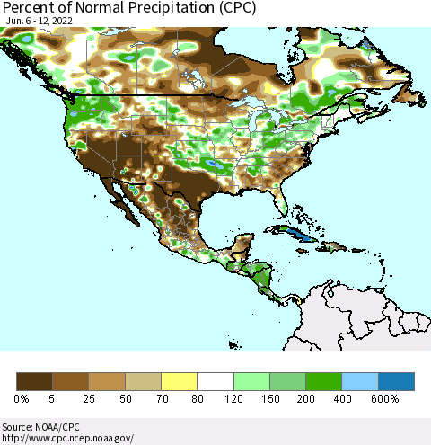 North America Percent of Normal Precipitation (CPC) Thematic Map For 6/6/2022 - 6/12/2022