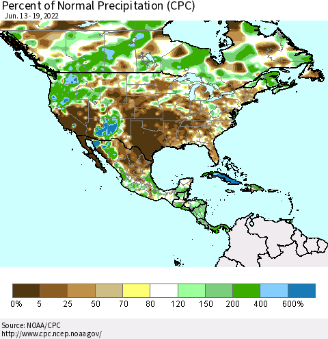North America Percent of Normal Precipitation (CPC) Thematic Map For 6/13/2022 - 6/19/2022