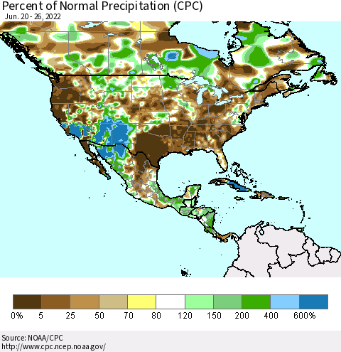 North America Percent of Normal Precipitation (CPC) Thematic Map For 6/20/2022 - 6/26/2022