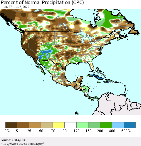 North America Percent of Normal Precipitation (CPC) Thematic Map For 6/27/2022 - 7/3/2022