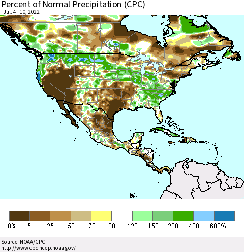 North America Percent of Normal Precipitation (CPC) Thematic Map For 7/4/2022 - 7/10/2022