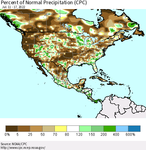 North America Percent of Normal Precipitation (CPC) Thematic Map For 7/11/2022 - 7/17/2022