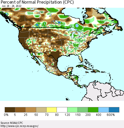 North America Percent of Normal Precipitation (CPC) Thematic Map For 7/18/2022 - 7/24/2022