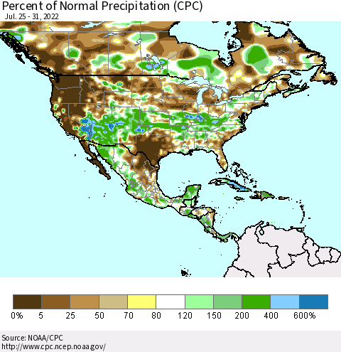 North America Percent of Normal Precipitation (CPC) Thematic Map For 7/25/2022 - 7/31/2022