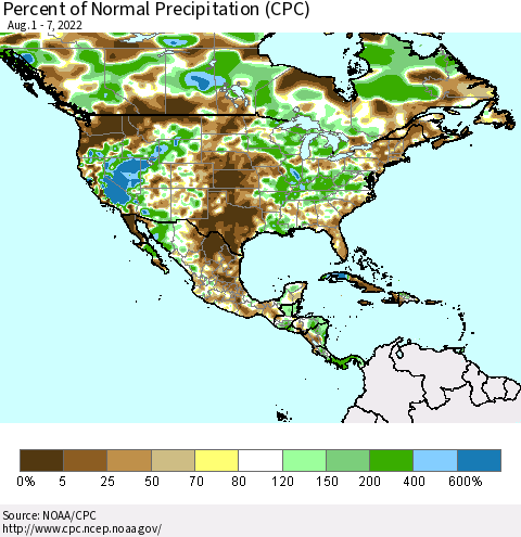 North America Percent of Normal Precipitation (CPC) Thematic Map For 8/1/2022 - 8/7/2022