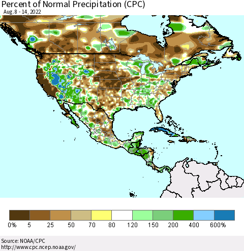 North America Percent of Normal Precipitation (CPC) Thematic Map For 8/8/2022 - 8/14/2022