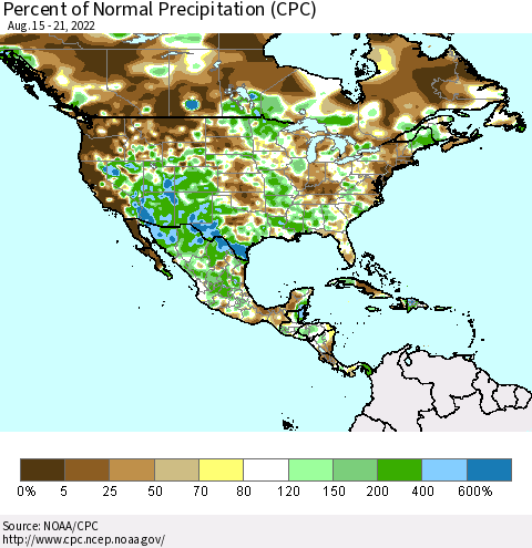 North America Percent of Normal Precipitation (CPC) Thematic Map For 8/15/2022 - 8/21/2022