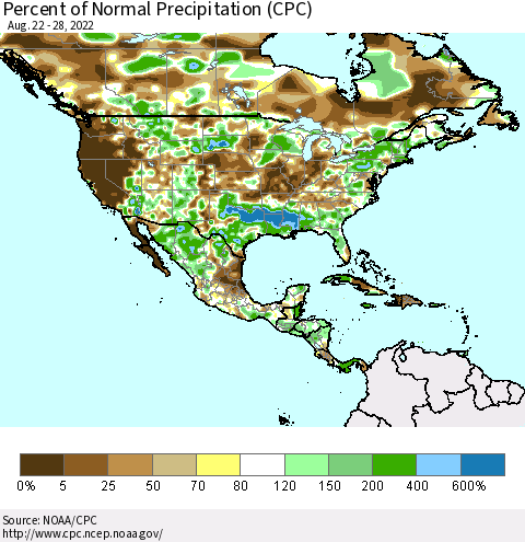 North America Percent of Normal Precipitation (CPC) Thematic Map For 8/22/2022 - 8/28/2022